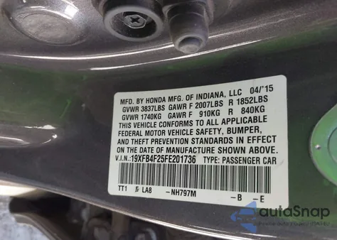 2015 Honda Civic Hybrid z USA, uszkodzony, nr VIN 19XFB4F25FE201736